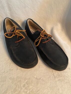 OluKai Black Leather Suede Boat Shoes with Tan Laces